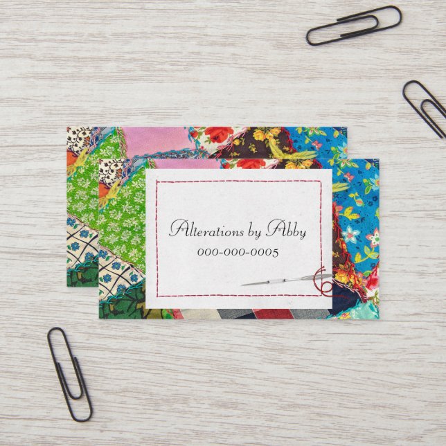 Crazy Quilt and Needle Alterations Business Card (Front/Back In Situ)