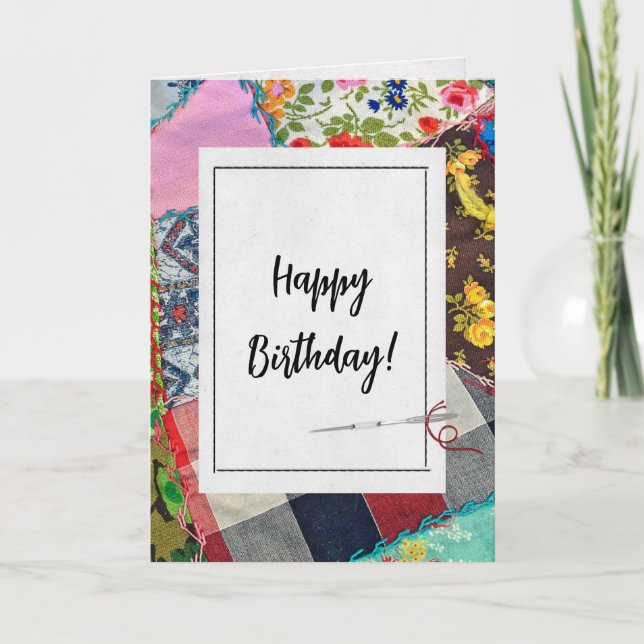 Crazy Quilt and Needle Birthday  Card (Front)