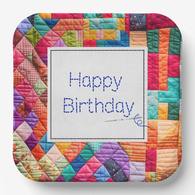 Crazy Quilt and Needle For Birthday  Paper Plate (Front)
