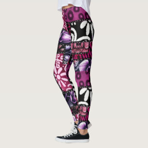 Crazy Quilt Black Cherry Floral Pattern  Leggings