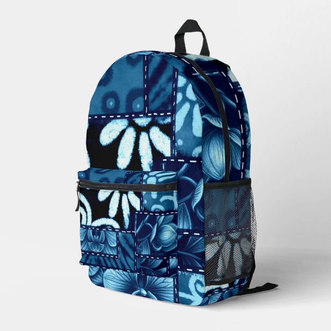 Crazy Quilt Blue Floral Gingham Pattern Abstract Printed Backpack (Back Corner Right)