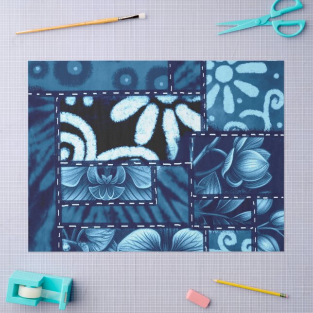 Crazy Quilt Blue Floral Pattern Decoupage Tissue Paper (Craft)