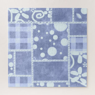 Crazy Quilt Blue Gingham Floral Pattern  Jigsaw Puzzle