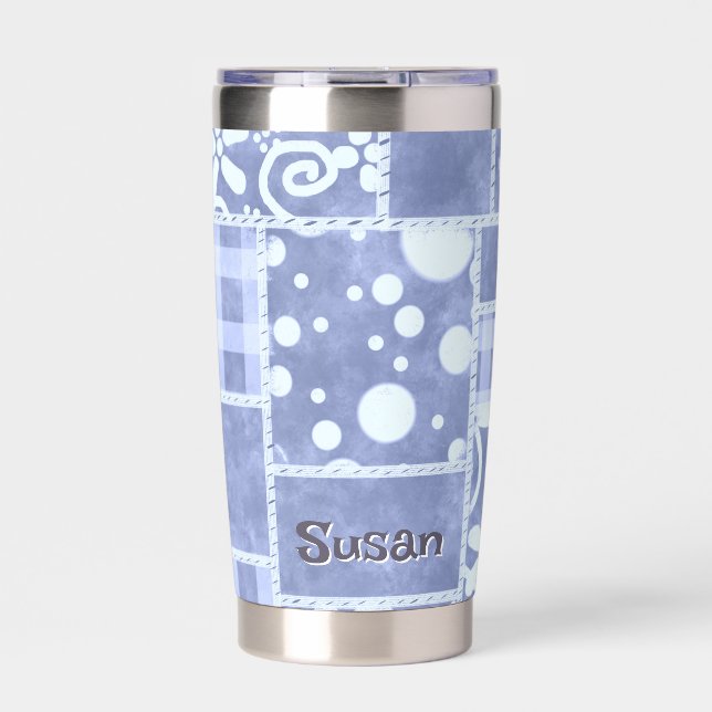 Crazy Quilt Blue Gingham Floral Personalised  Insulated Tumbler (Front)