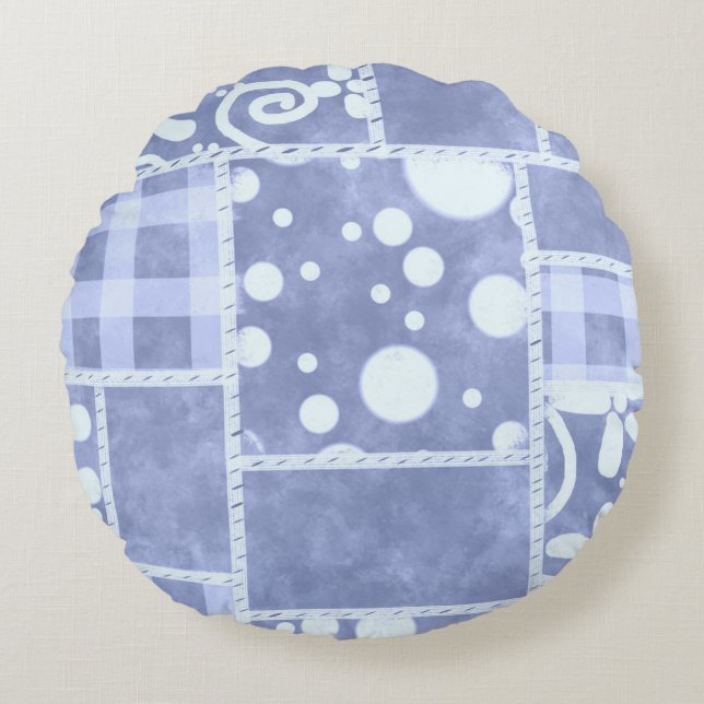 Crazy Quilt Blue Gingham Floral Personalised  Round Cushion (Front)