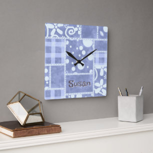 Crazy Quilt Blue Gingham Floral Personalised Square Wall Clock