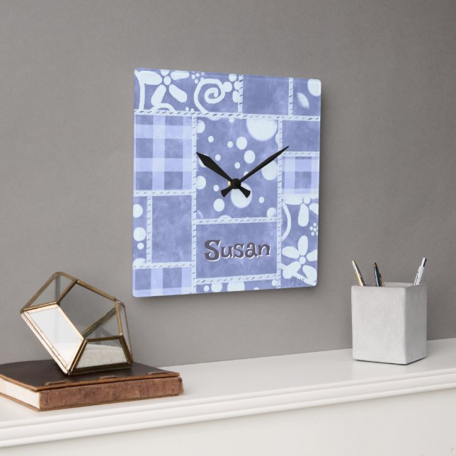 Crazy Quilt Blue Gingham Floral Personalised  Square Wall Clock (Office)