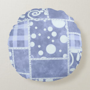 Crazy Quilt Blue Gingham Floral Personalized  Round Cushion