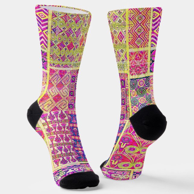 Crazy Quilt Colourful Socks in Pink Tones (Angled)