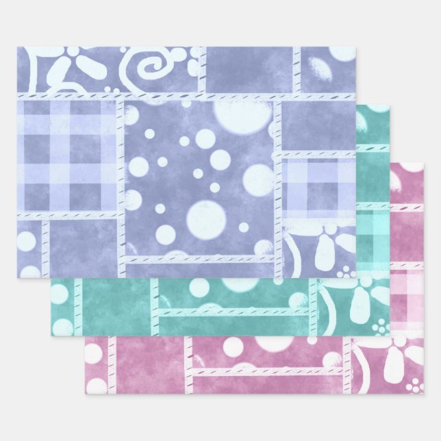 Crazy Quilt Gingham Floral Pattern Decoupage Wrapping Paper Sheet (Set)