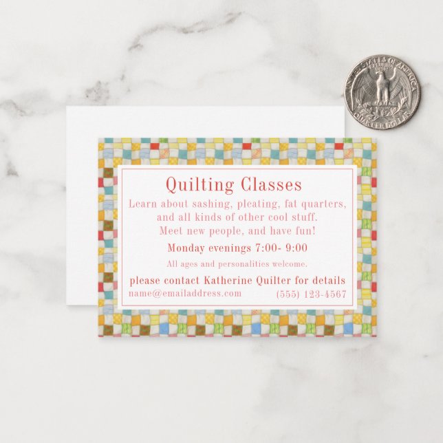 CRAZY QUILT "Quilting Classes" Business Card  (Front/Back In Situ)