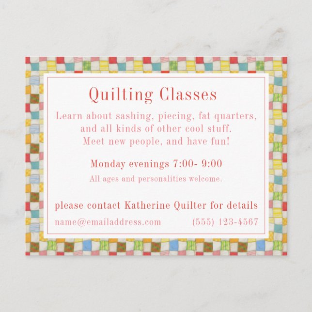 CRAZY QUILT "Quilting Classes" Postcard / Business (Front)
