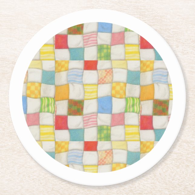 CRAZY QUILT Round Paper Coasters - White (Front)