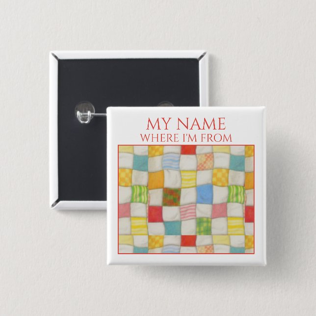 CRAZY QUILT Square Name Tag Button - White (Front & Back)
