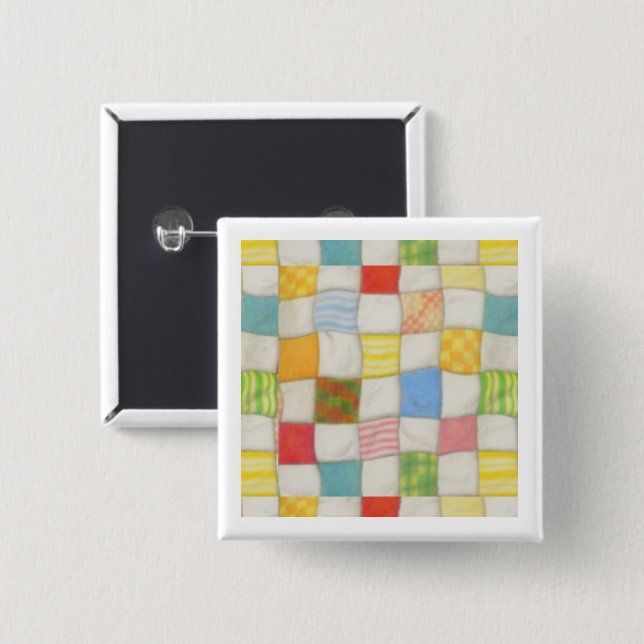 CRAZY QUILT Square Pin Button - White (Front & Back)