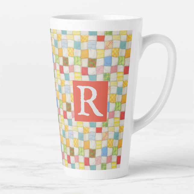 CRAZY QUILT Tall Latte Mug + Text / Red (Right)