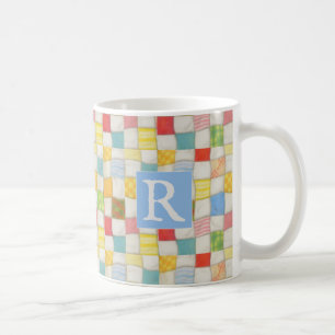 CRAZY QUILT White Mug + Text / Blue
