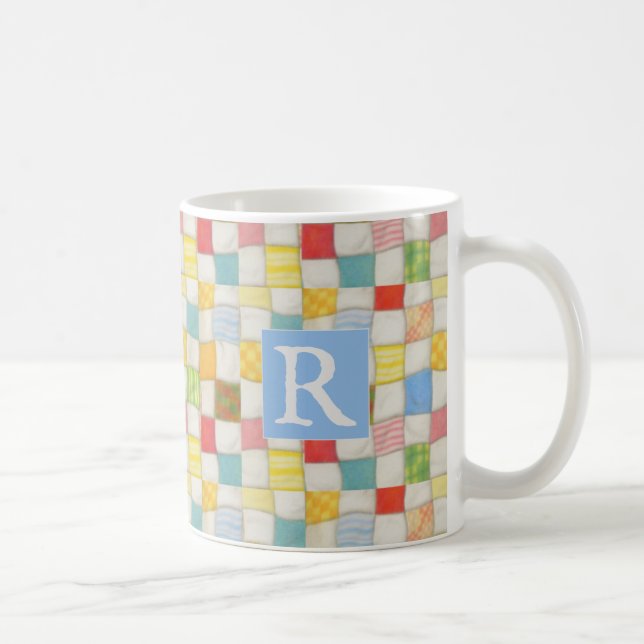 CRAZY QUILT White Mug + Text / Blue (Right)