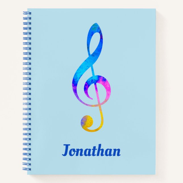 Crazy Rainbow Swirl Treble Clef and Name Notebook (Front)