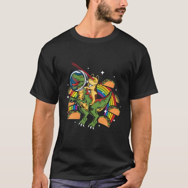 Crazy Rex Riding Cat Laser Eye Taco Rainbow Space T-Shirt (Front)