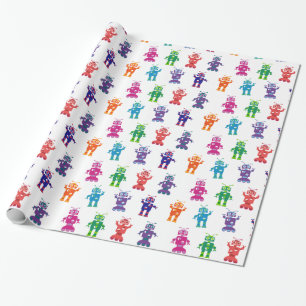 Crazy Silly Colourful Girl and Boy Robot Party Wrapping Paper
