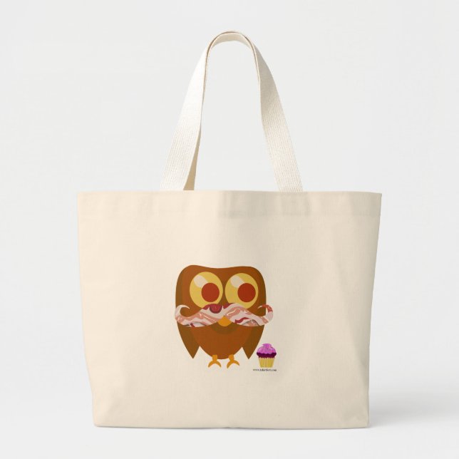 Crazy Silly Moustache Owl Large Tote Bag (Front)