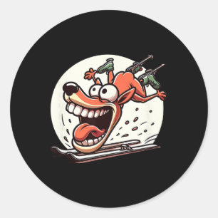 Crazy Ski Dog Cartoon Downhill Winter Humor Classic Round Sticker