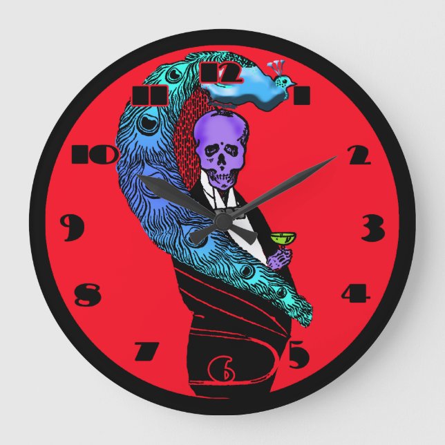 Crazy Skull and Peacock Red Clock (Front)