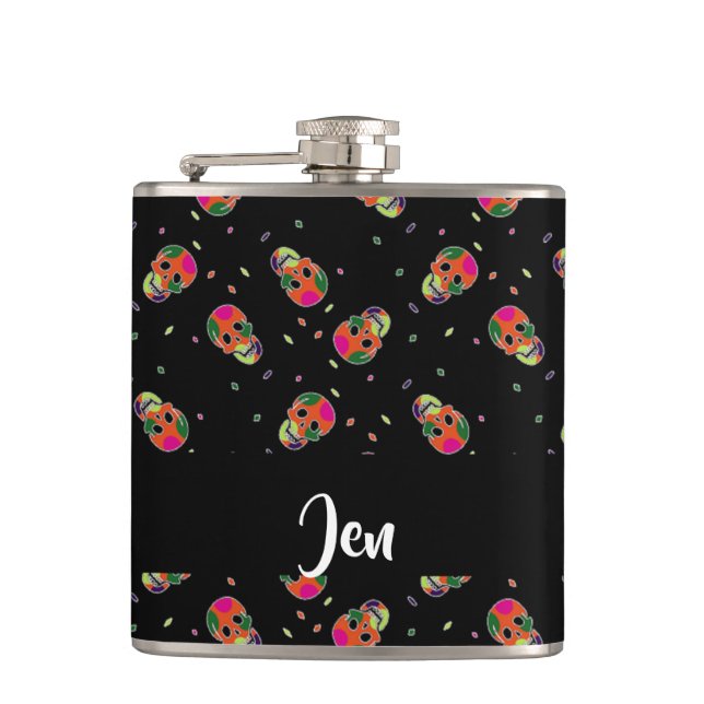 Crazy skulls on black hip flask (Front)