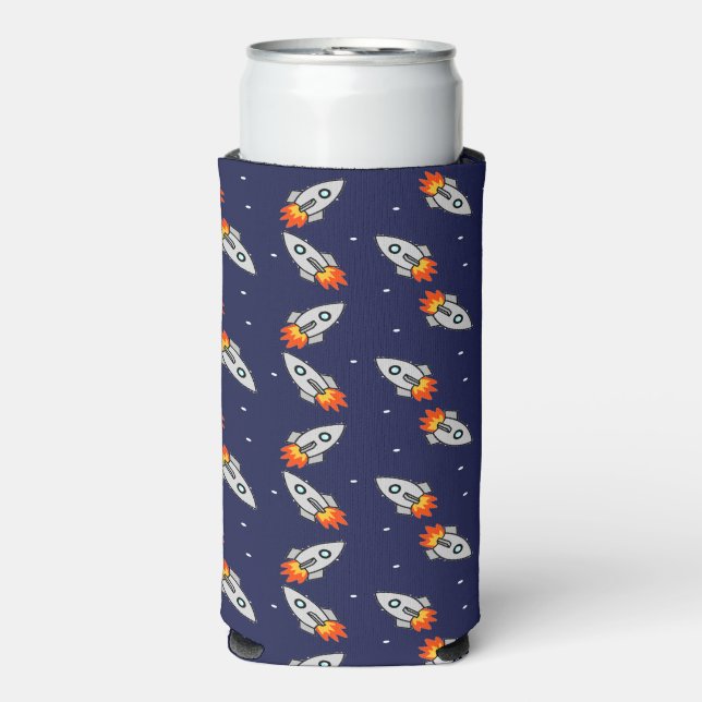 Crazy space rockets pattern blue seltzer can cooler (Seltzer Front)