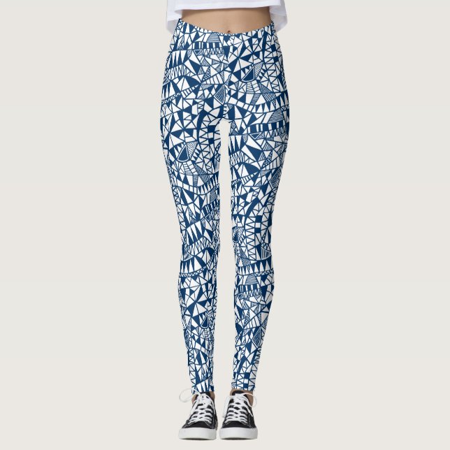 Crazy Structure Pattern 060423 - Indigo Style Blue Leggings (Front)
