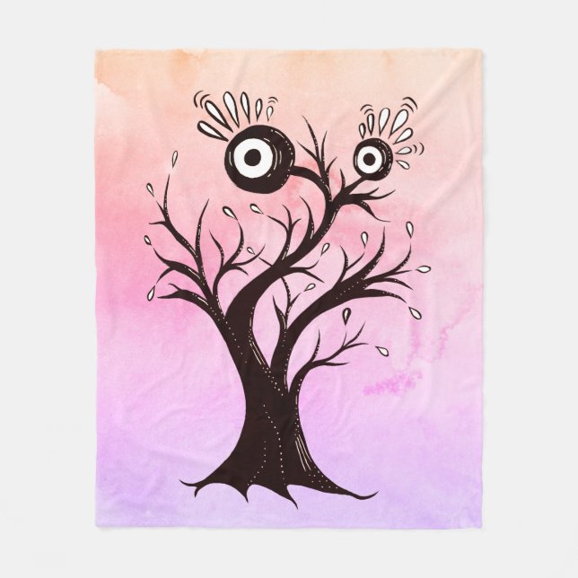 Crazy Tree Creature Ink Art Pink Fantasy Fleece Blanket (Front)