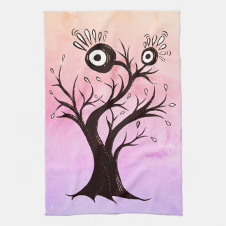 Crazy Tree Creature Ink Art Pink Fantasy Tea Towel