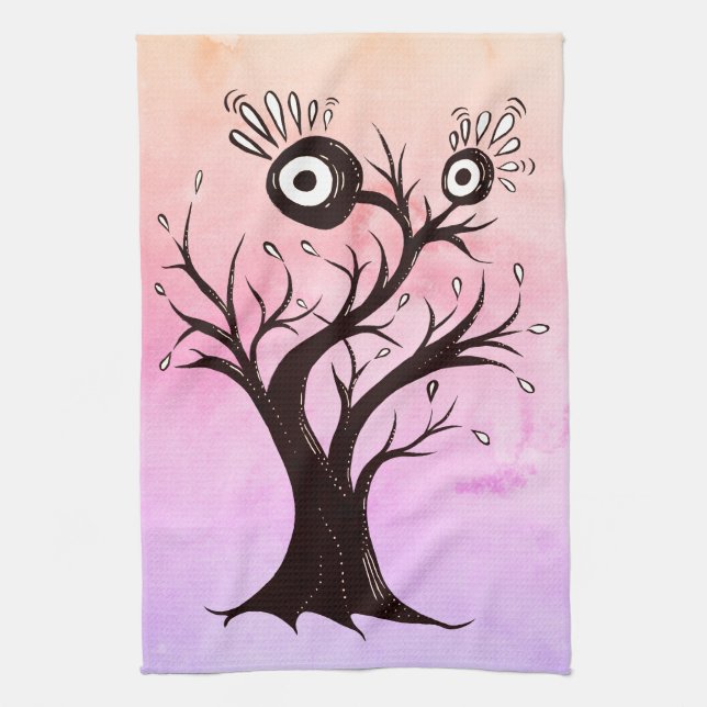Crazy Tree Creature Ink Art Pink Fantasy Tea Towel (Vertical)