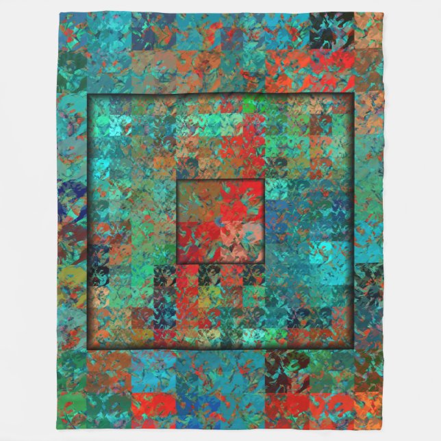 Crazy Turquoise and Red Squares and Squiggles Fleece Blanket (Front)
