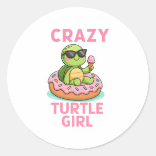 Crazy turtle girl classic round sticker