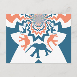 Crazy Walking Elephants Coral Blue Chevron Pattern Postcard