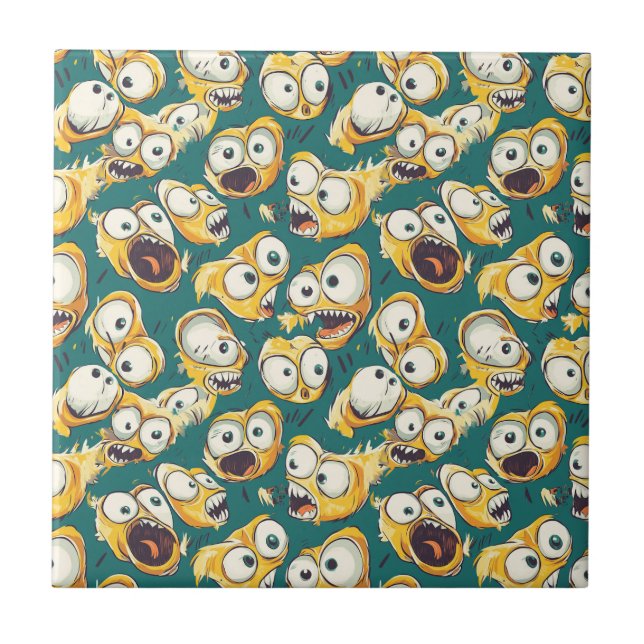 Crazy Yellow Monster Teal Halloween Tile (Front)