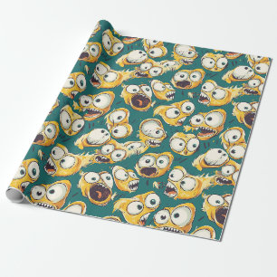 Crazy Yellow Monster Teal Halloween Wrapping Paper