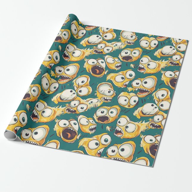 Crazy Yellow Monster Teal Halloween Wrapping Paper (Unrolled)