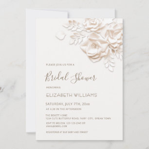 Cream 3D Flowers Roses Minimalist Bridal Shower Invitation