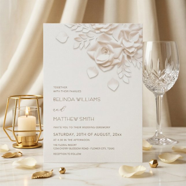 Cream 3D Flowers Roses Simple Wedding Invitation (Creator Uploaded)