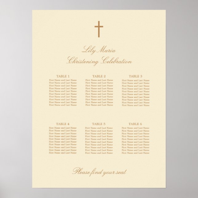 Cream 6 Table Christening Seating Chart Poster (Front)