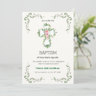 Cream and Beige Floral Border Baptism Invitation