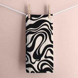 Cream and Black 1970s Retro Modern Swirl Tea Towel