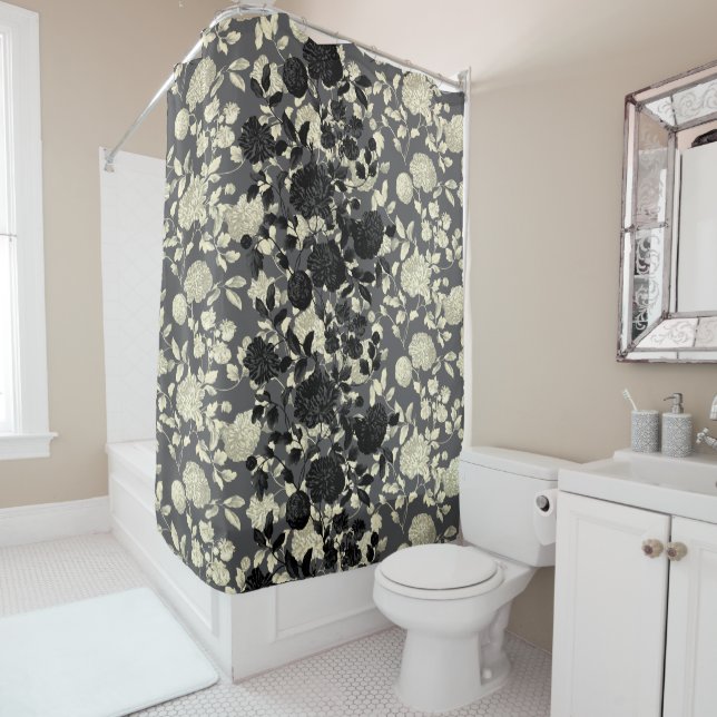 Cream And Black Floral Toile On Grey Shower Curtain (In Situ)