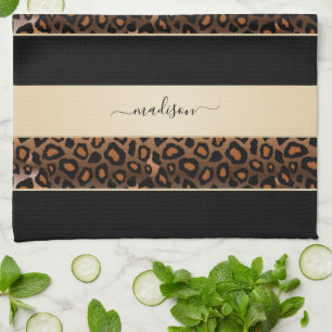 Cream and Black Leopard Animal Print Tea Towel