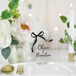 Cream and black whimsical hand drawn bow acrylic invitations