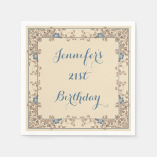 Cream and blue art nouveau floral border napkin