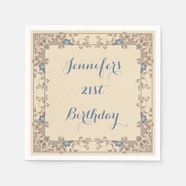 Cream and blue art nouveau floral border napkin (Front)